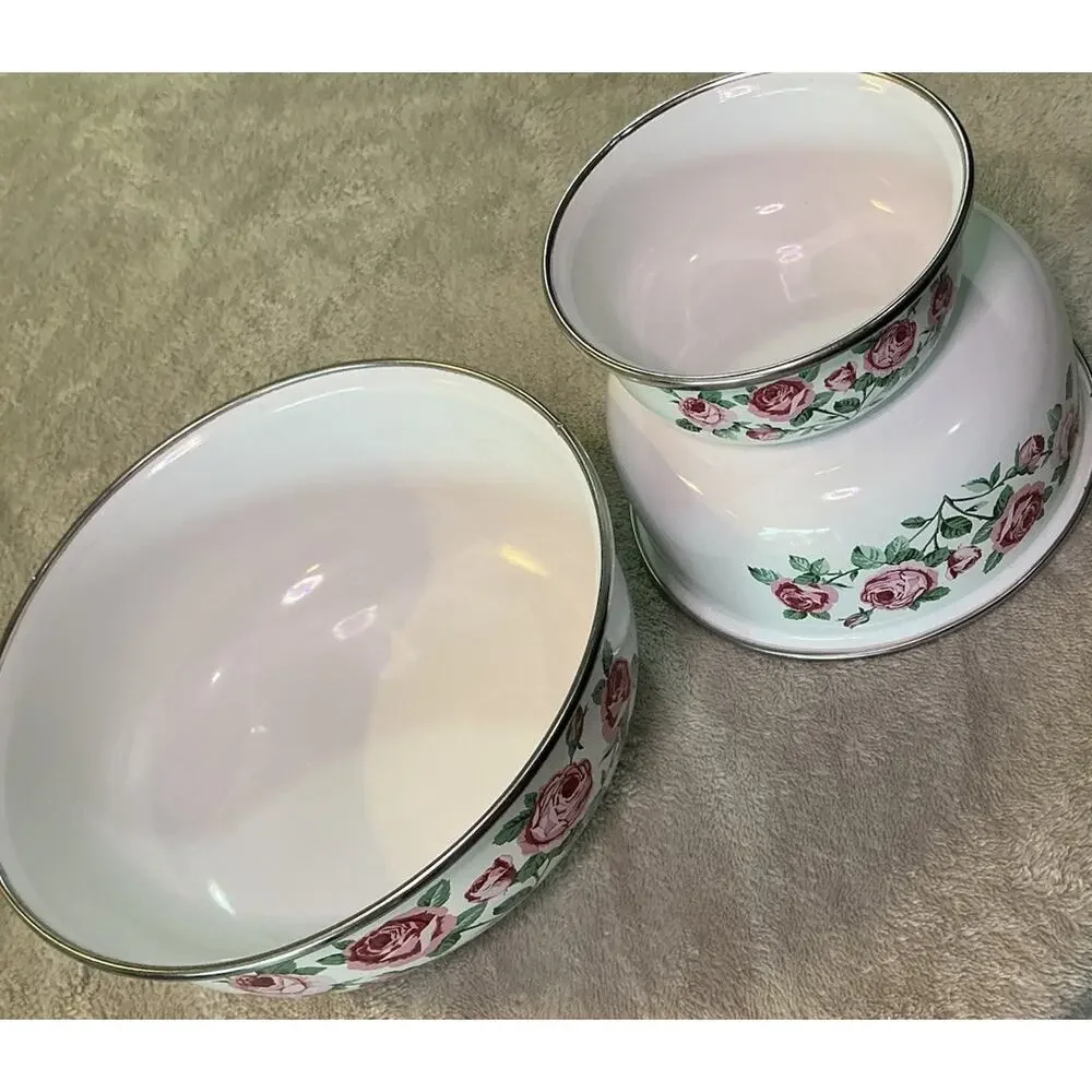 Vintage Rose Mixing Bowl 3 pc Cottagecore Floral Round Porcelain/Metal Bowl Set